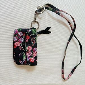 Vera Bradley Floral ID Card Holder Keyring Mini Wallet Quilted Black Boho Travel
